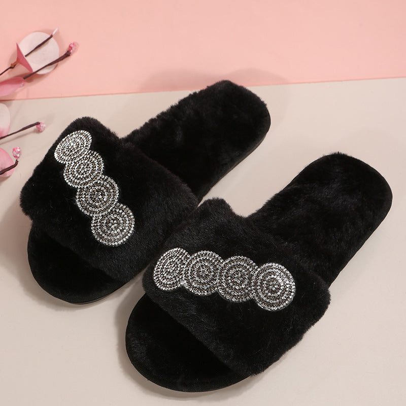 Wholesale One Word Open Toe Flat Plush Cotton Slippers